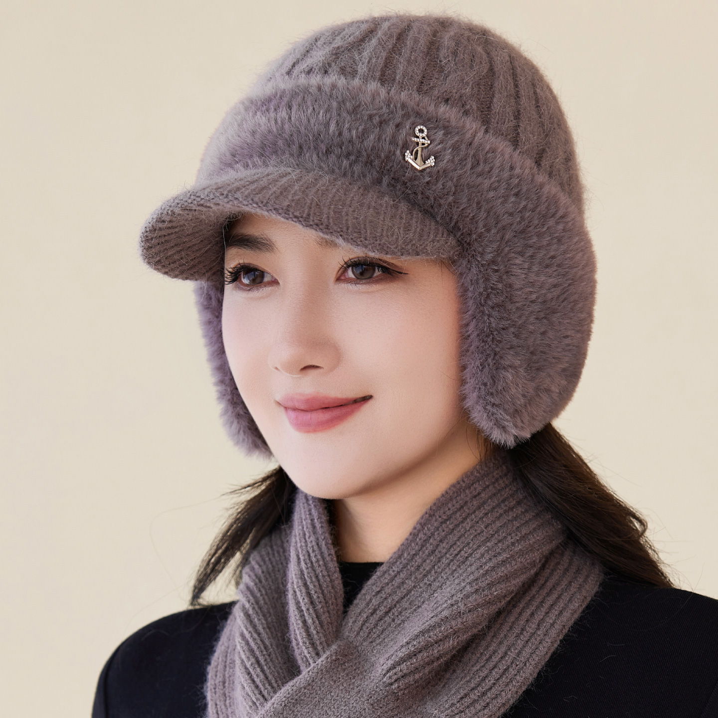 有帽檐骑车护耳毛线帽加绒防寒防风帽子女款冬季包头帽保暖针织帽