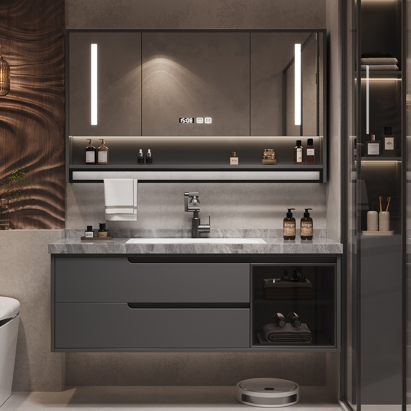 简约现岩板一体盆卫浴室柜组合洗手台盆柜套装卫生间洗脸洗漱台