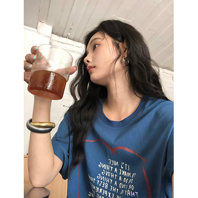 任小艺  定位手工印花趣味爱心字母印花Ｔ恤女夏季设计感短袖上衣