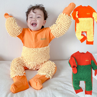 拖把侠爬行服宝宝拖地爬爬服婴儿连体衣擦地板防脏罩衣春秋夏薄款