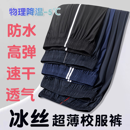 夏季薄款冰丝藏青色两道杠校服裤