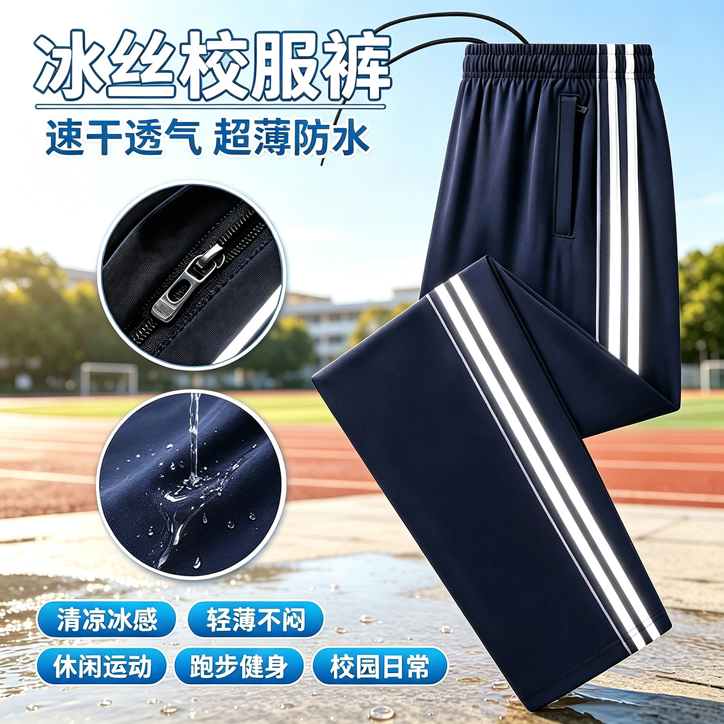冰丝校服裤超薄中小学生男女通用夏季速干透气直筒反光条运动休闲