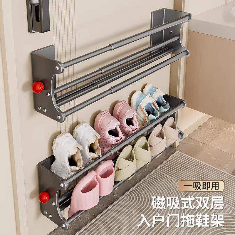 拖鞋架入户门后磁吸可伸缩防盗门口上置物架玄关双层鞋子收纳挂架