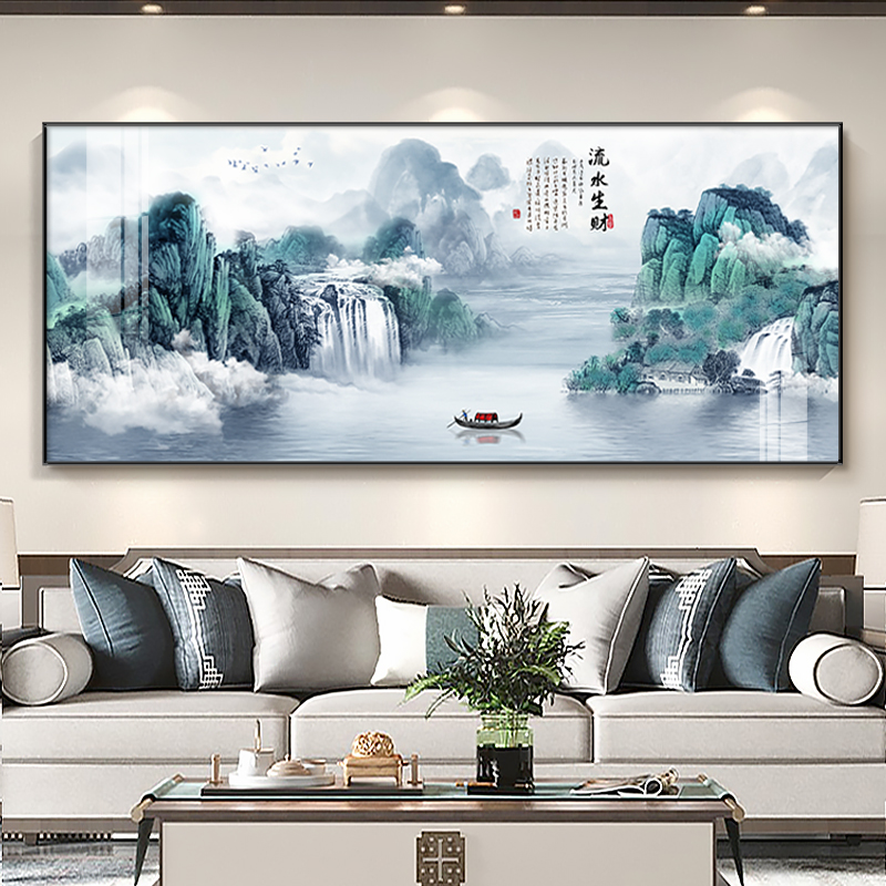 流水生财客厅装饰画沙发背景墙横幅办公室新中式山水挂画晶瓷壁画图片