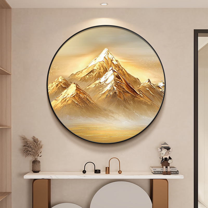 背靠金山玄关圆形挂画现代轻奢客厅装饰画走廊过道尽头金箔画定制图片