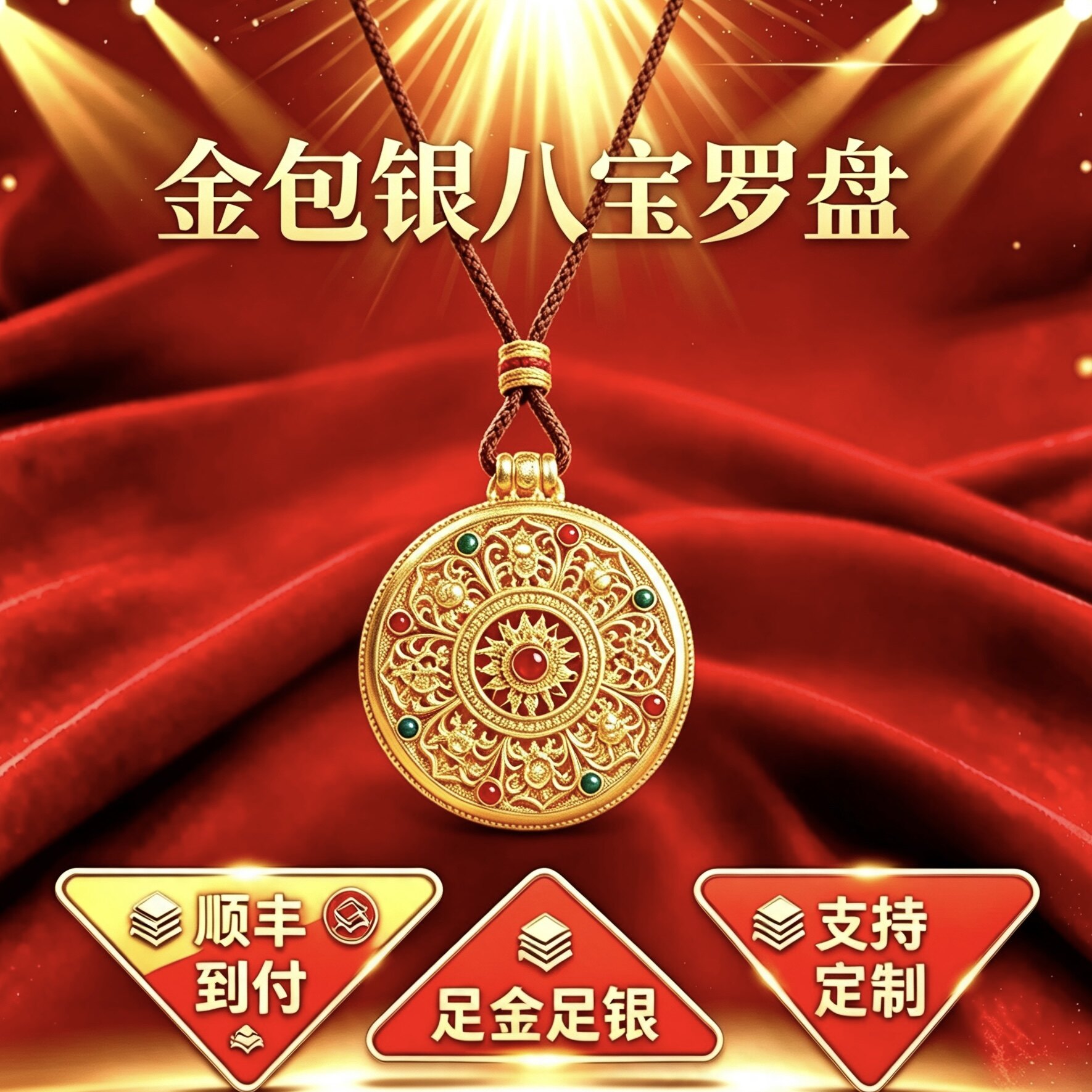 古法金包银珐琅彩八宝罗盘吊坠项链女福字镂空锁骨毛衣链男送礼物