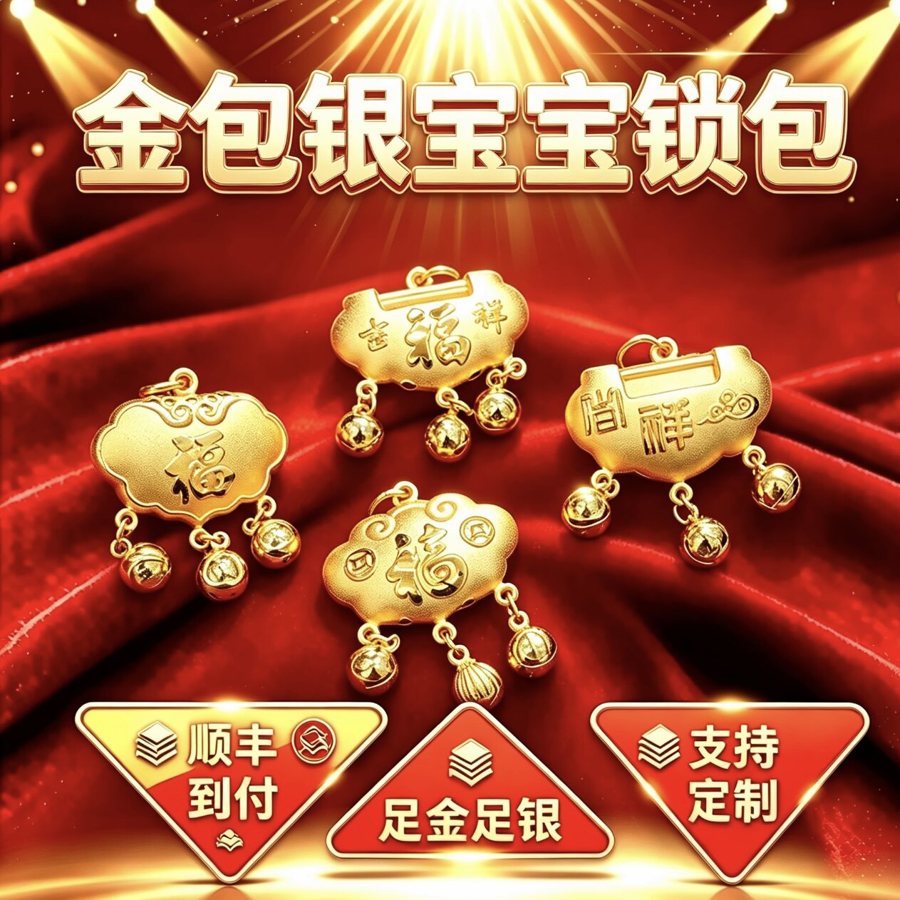 金包银福锁吊坠项坠单坠挂件沙金长命百岁富贵锁diy配件饰品宝宝