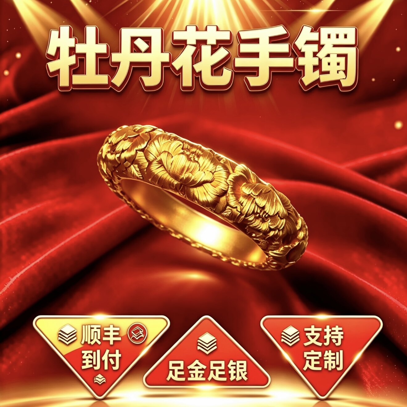 金包银牡丹花手镯古法錾刻浮雕中式足金足银婚嫁送礼来图复刻定制