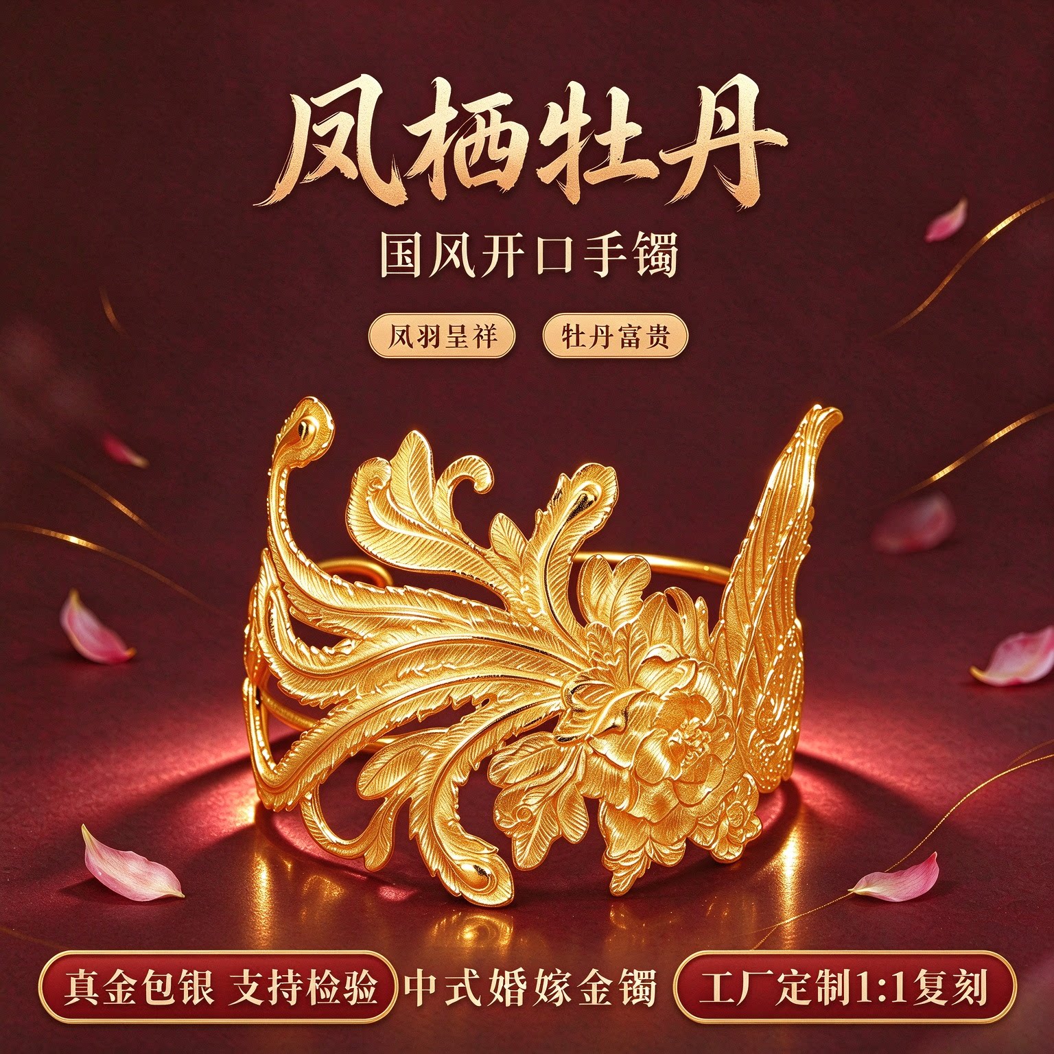 金包银凤栖牡丹开口婚嫁手镯