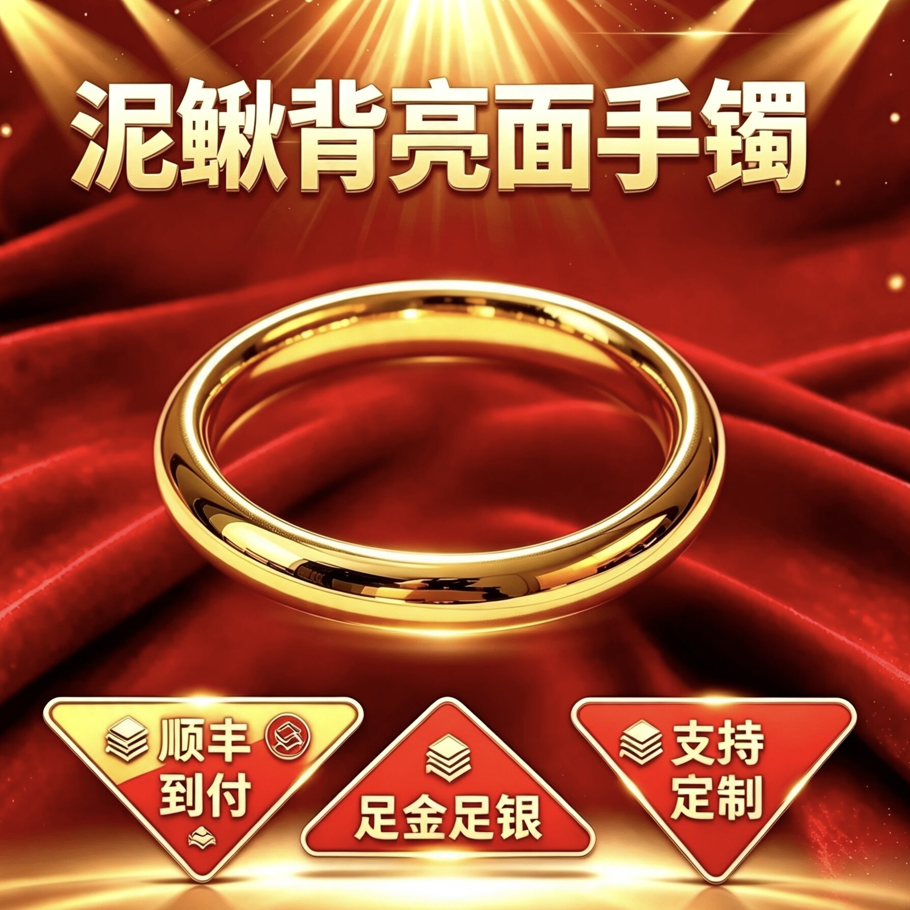 金包银泥鳅背亮面手镯古法传承系列女士过年高级感黄金色手环素圈
