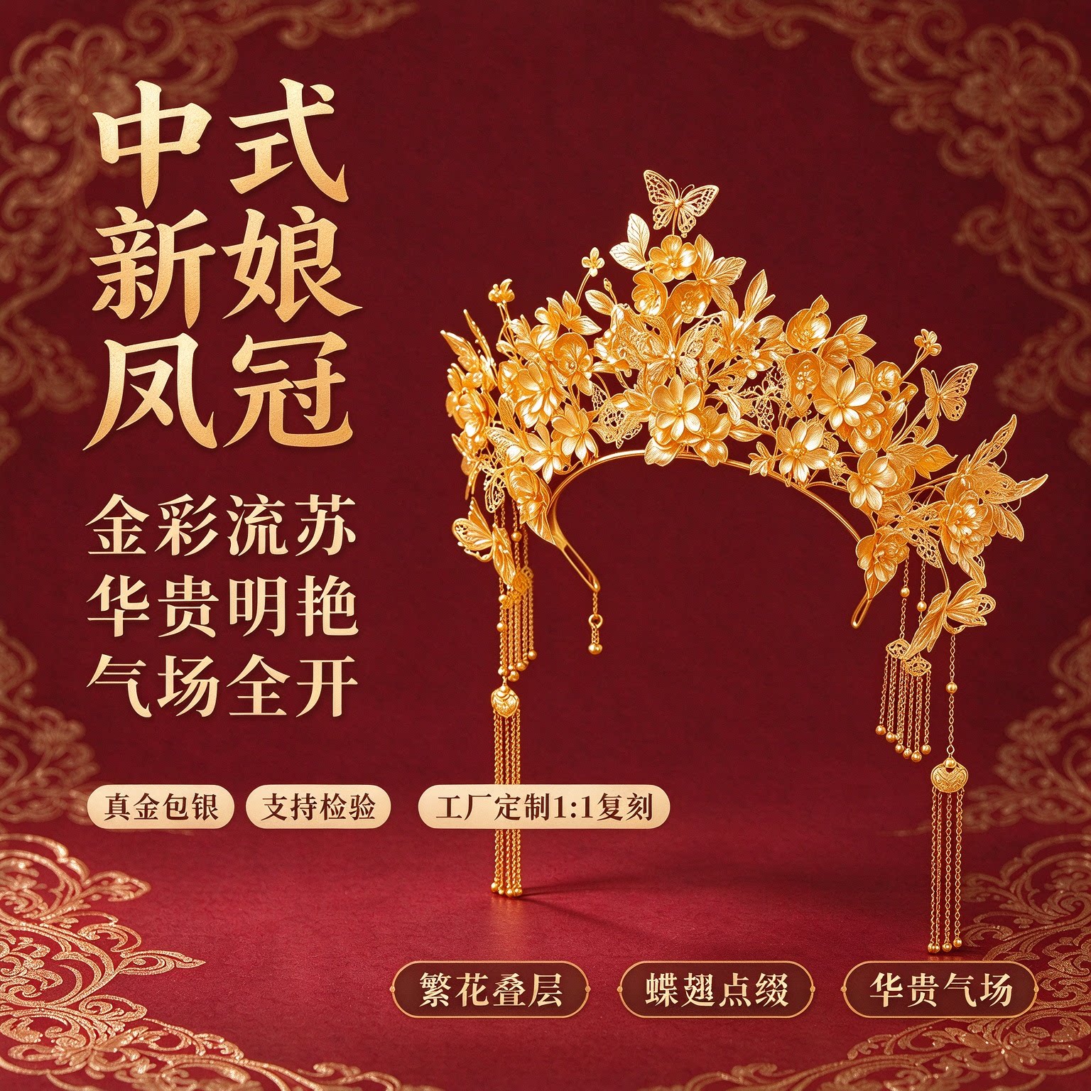 金包银中式新娘流苏凤冠