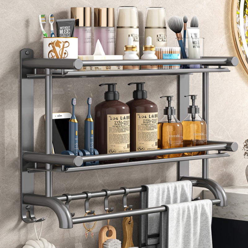 枪灰卫生间置物架壁挂免打孔双层浴室毛巾架不锈钢洗手间厕所挂件