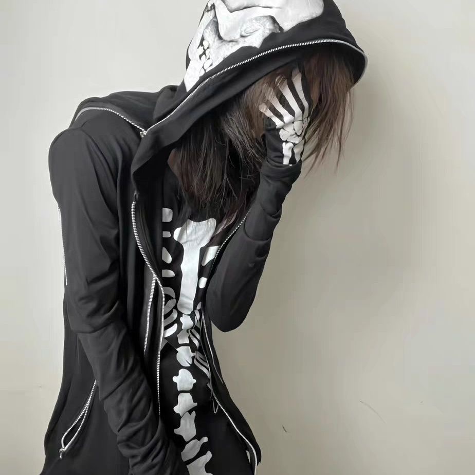 亚文化视觉系朋克摇滚暗黑PPFM复刻骷髅骨骼拉链外套帽衫连帽开衫