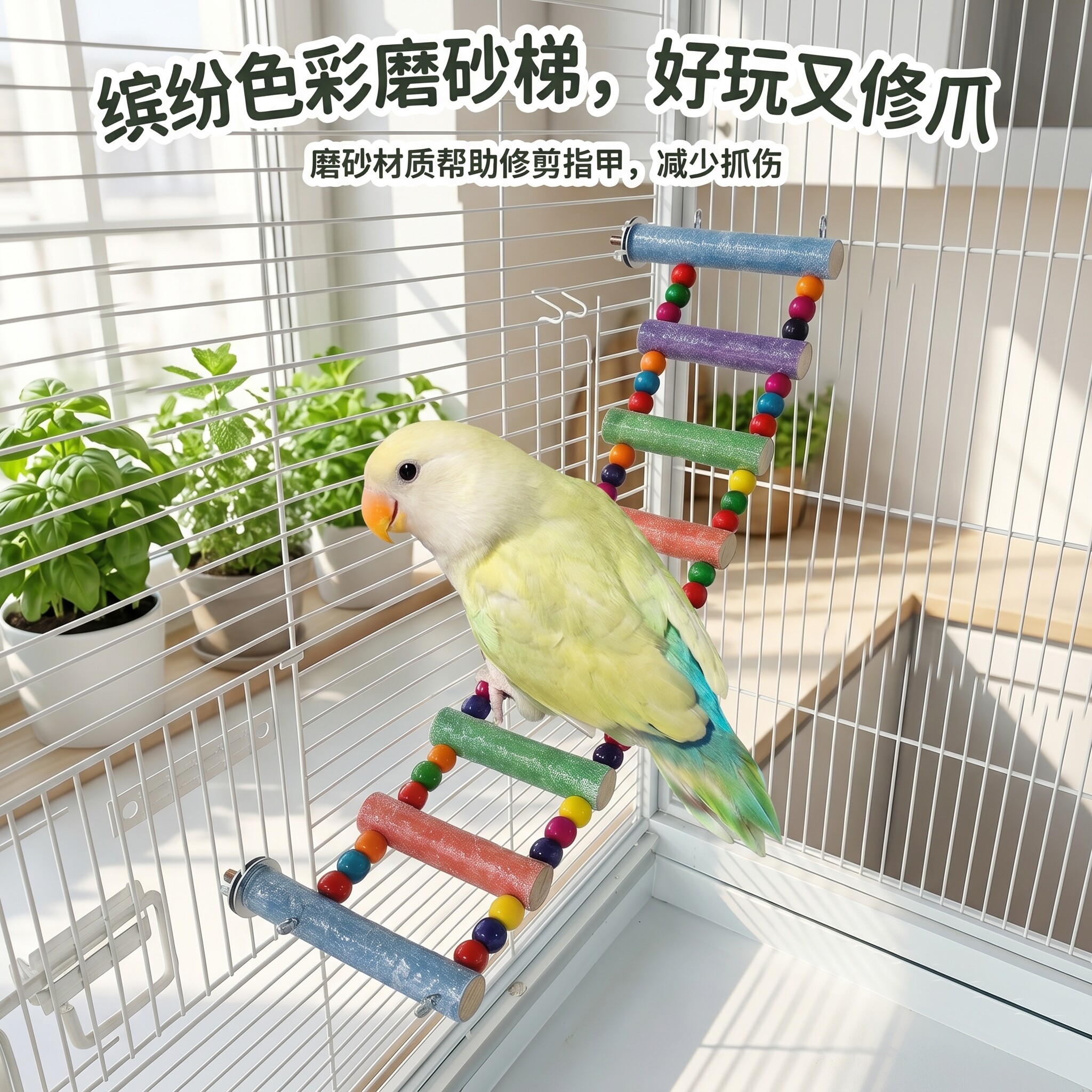 鹦鹉专用磨砂爬梯彩色木珠站杆云梯磨爪解闷玩具鸟笼装饰用品