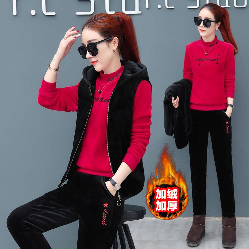 싱글|3 피스 세트 플러스 벨벳과 두꺼운 골드 벨벳 스포츠 슈트 여성용 겨울 따뜻한 양면 벨벳 스웨트 캐주얼웨어