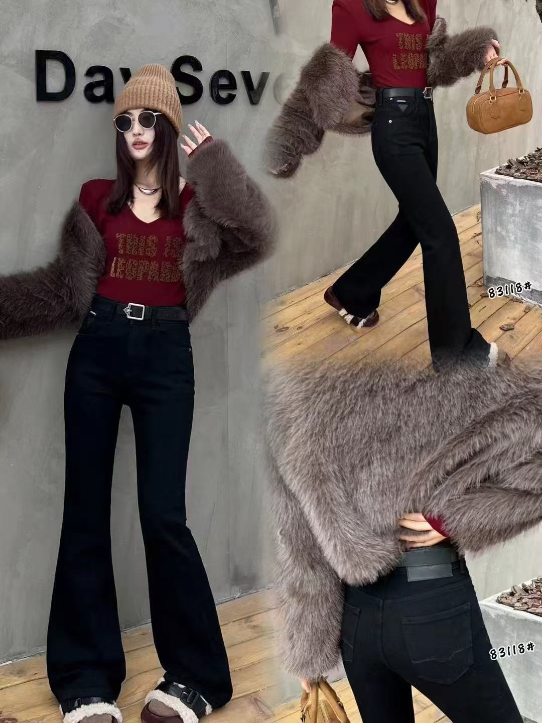 古月欧货春秋弹力女士阔腿拖地牛仔裤修身显瘦宽松微喇长裤粗