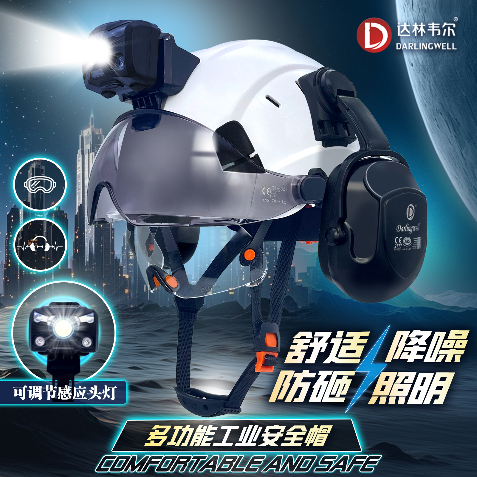 多功能安全帽夜间照明隔音护目