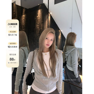 8uioio 本期人气王!自在起居灰色连帽外套女春季修身短款开衫上衣