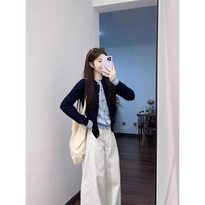韩系撞色假两件针织开衫