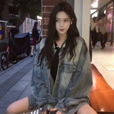 水洗做旧牛仔外套女小个