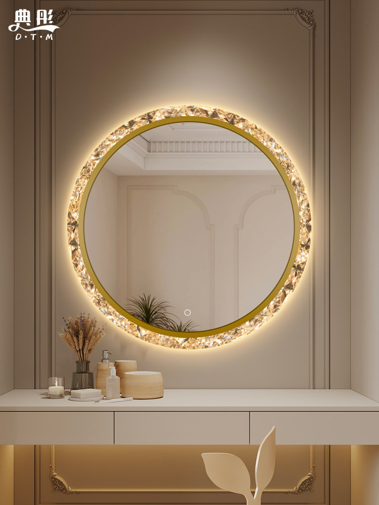 法式化妆镜壁挂式主卧梳妆台圆镜子大led灯智能镜挂墙带框覆古镜