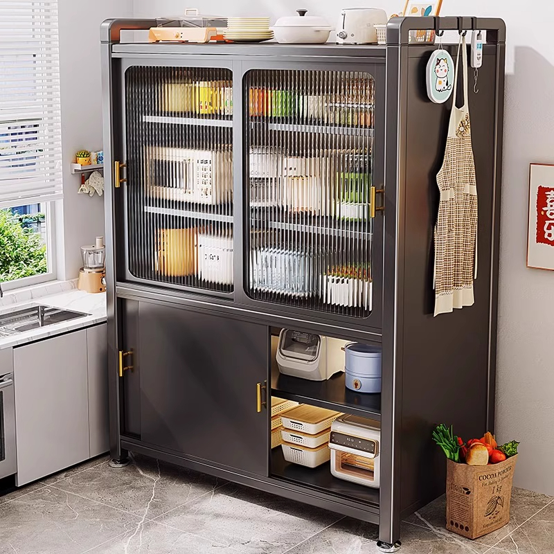 厨房置物架拉门家用落地多功能整体橱柜餐边柜子防尘多层锅碗收纳