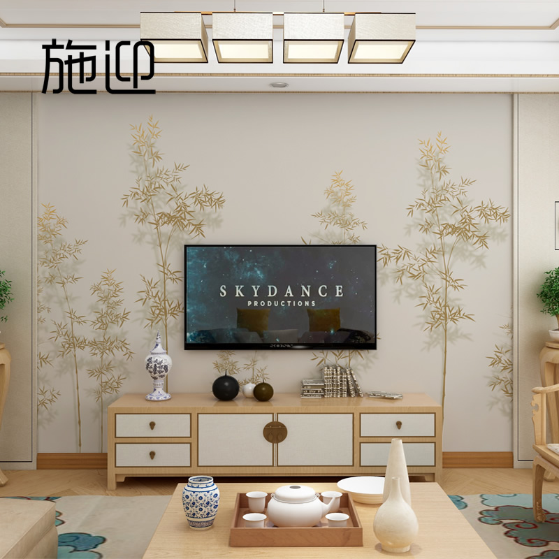 中式墙纸客厅电视背景墙壁纸古风竹子墙布日式茶室红