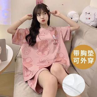 100%純棉短袖 家 睡衣女夏季 芬騰 2025新款 卡通加大碼 帶胸墊 套裝