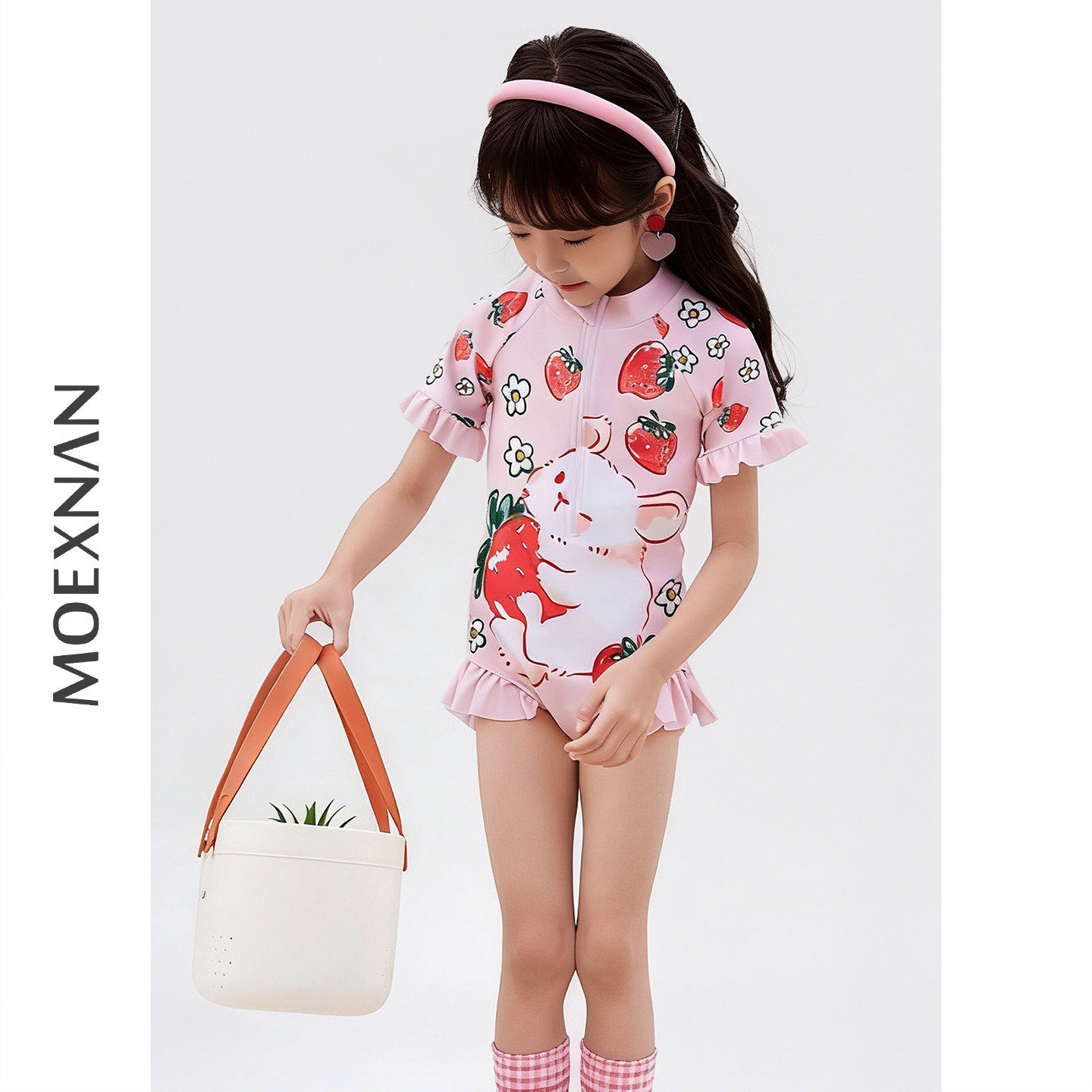 夏日可爱草莓小兔女童连体泳衣
