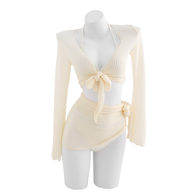 新款泳衣女性感裙式四件套长袖防晒度假显瘦仙女遮肚泡温泉泳装