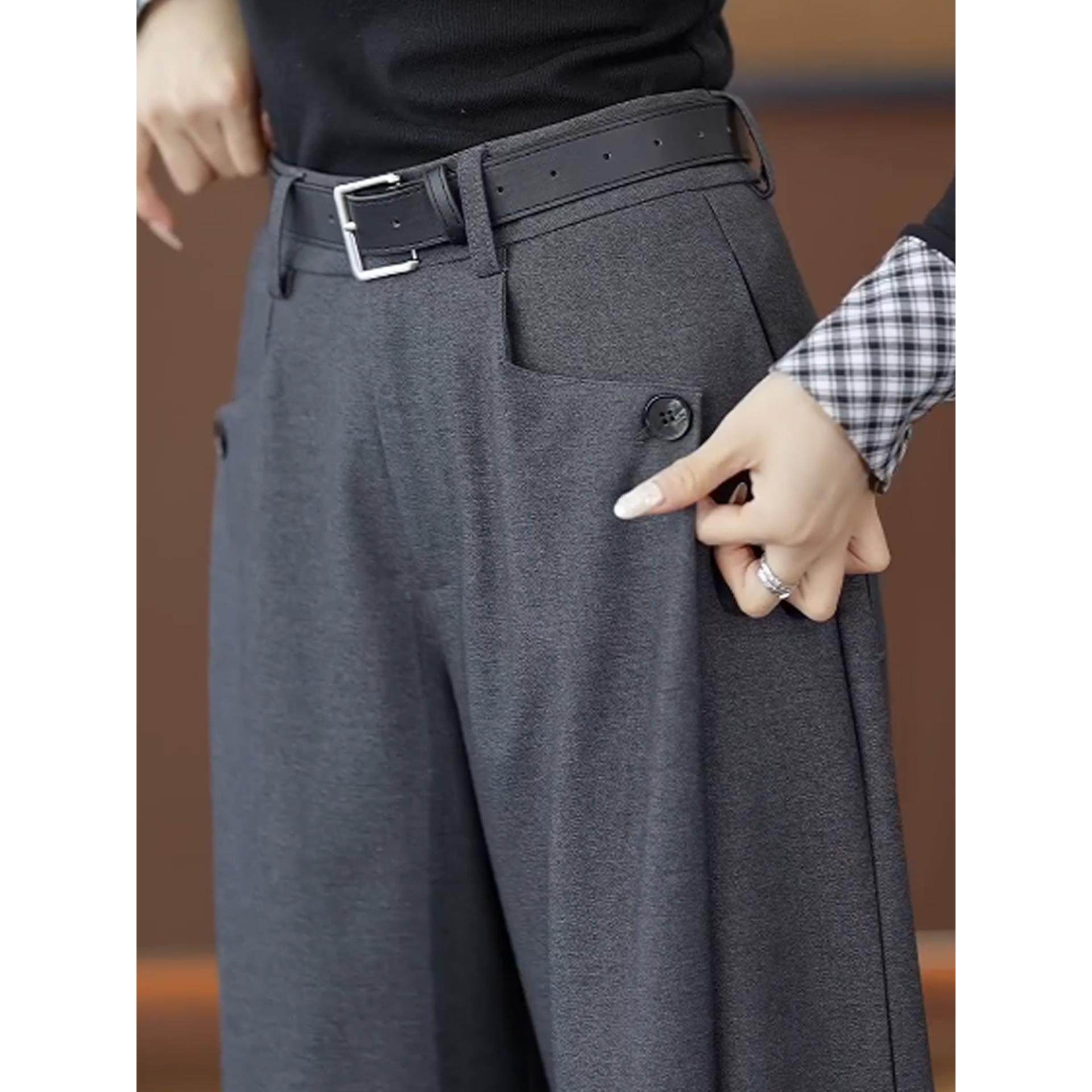 灰色休闲醋酸西装阔腿裤子女款2025冬季新款女士高腰显瘦直筒长裤