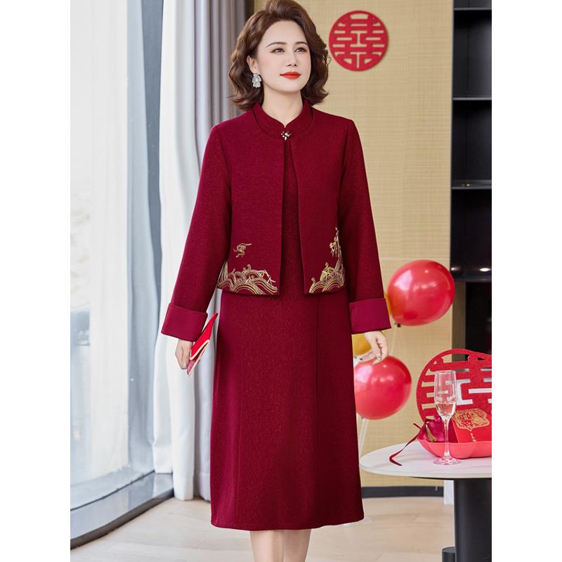 喜婆婆气质婚宴装中老年春秋连衣裙两件套2026新款妈妈礼服裙子女