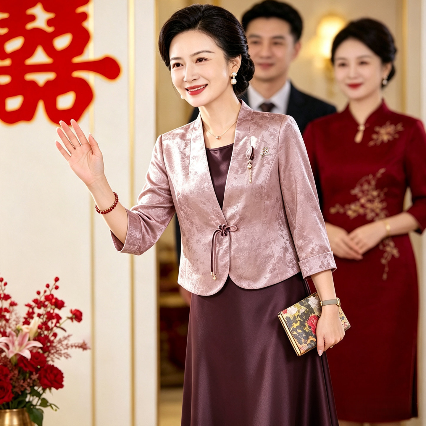 妈妈春秋套装裙缎面中式高贵西装2026端庄喜婆婆婚宴礼服平时可穿