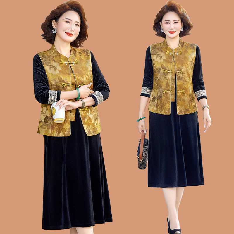 新中式妈妈春装马甲外套洋气大码中老年女春秋金丝绒连衣裙两件套