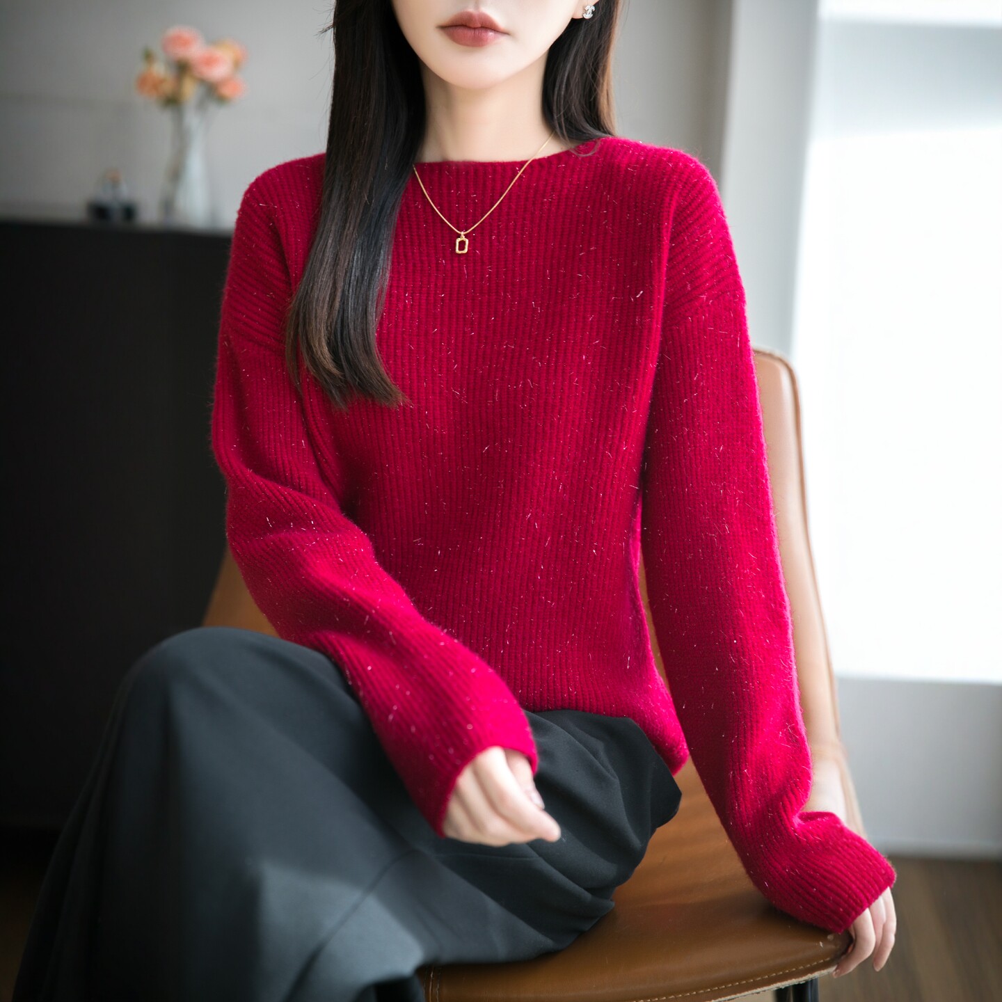 秋冬新款红色毛衣女一字领宽松针织打底衫慵懒风高级感亮丝上衣厚