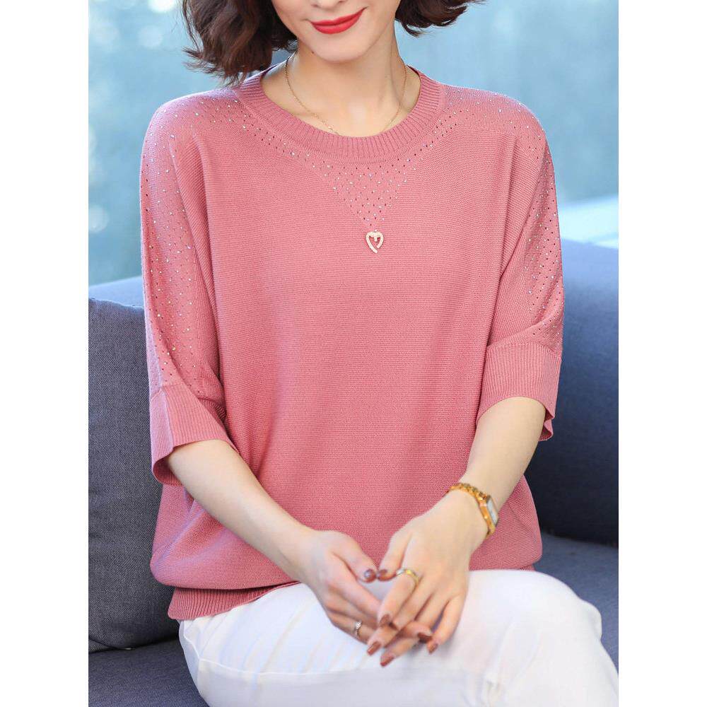 中年妈妈五分袖上衣加肥大码女装200斤高贵遮肚蝙蝠衫薄款冰丝T恤