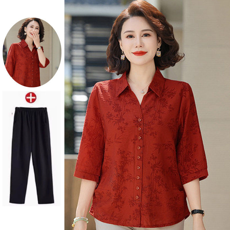 小个子妈妈夏装真丝中袖T恤衫喜婆婆婚宴桑蚕丝上衣中老年女套装