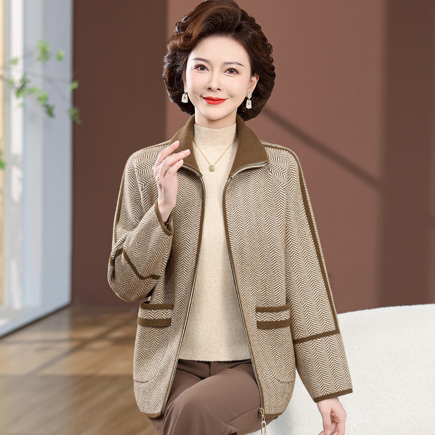妈妈春秋装双面毛呢带领加厚外套奶奶洋气上衣中老年人女针织开衫