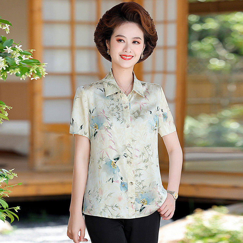 中年妈妈夏装2025新款短袖雪纺衬衫洋气中老年人女士大气上衣套装