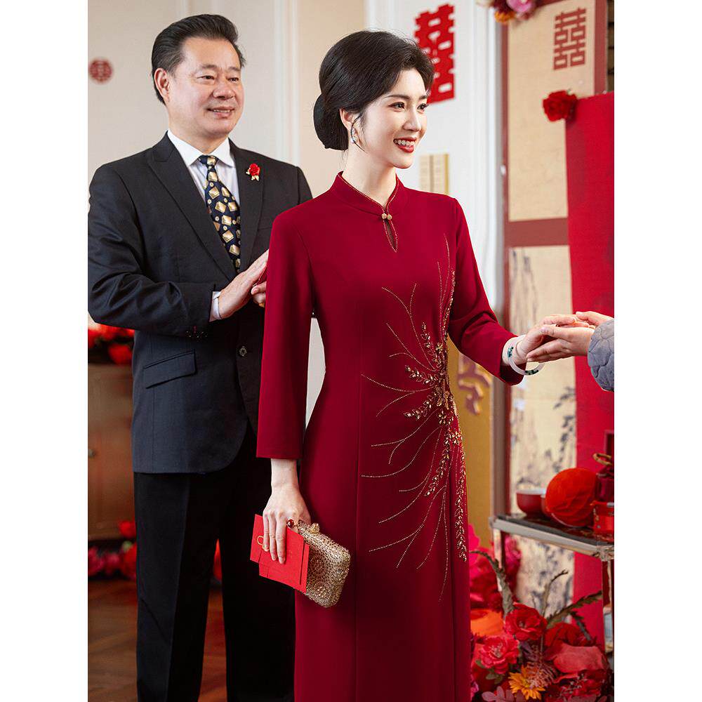 高端喜婆婆婚宴装旗袍年轻结婚妈妈婚礼礼服高贵轻奢长袖高定冬季