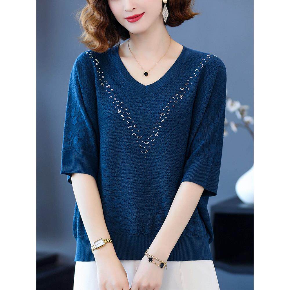 中老年妈妈春夏季薄款中袖针织衫女胖妈妈加肥特大码冰丝打底上衣