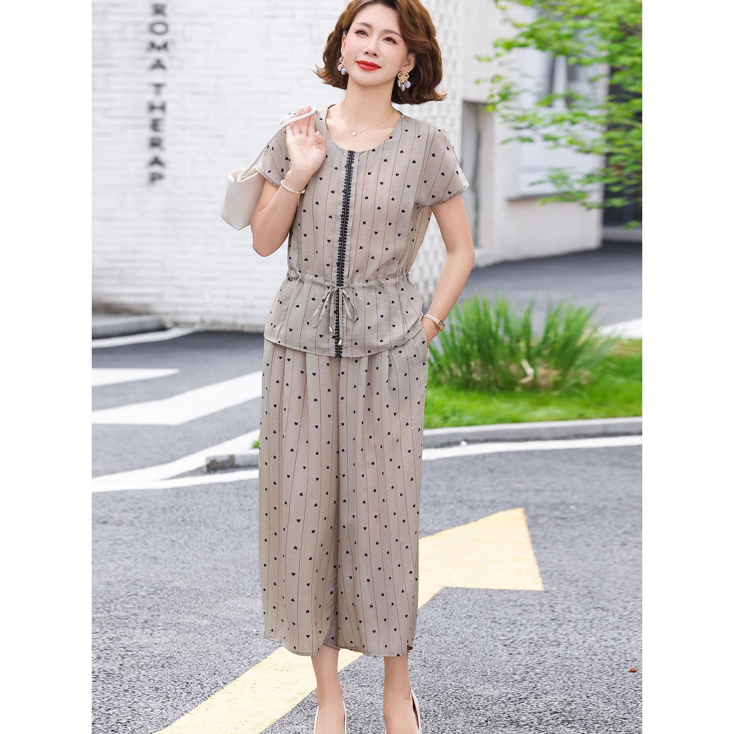 波点短袖休闲时尚套装夏收腰阔腿裤中老年女装妈妈两件套洋气减龄