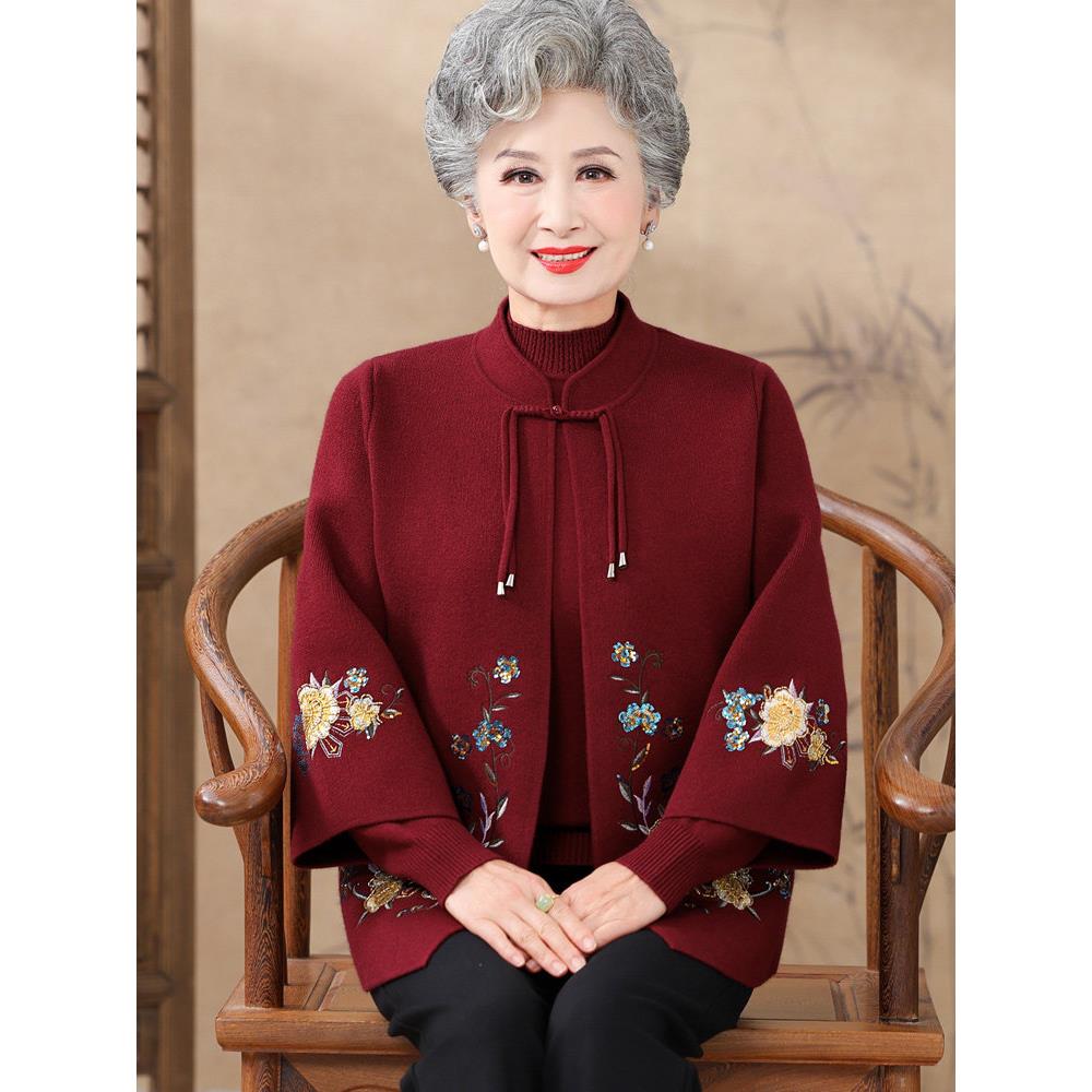 中老年人妈妈春秋两件套装2026新款奶奶刺绣针织衫外套老人衣服女