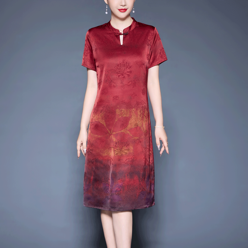 中老年妈妈新中式真丝连衣裙女夏季新款中老年桑蚕丝改良旗袍裙子