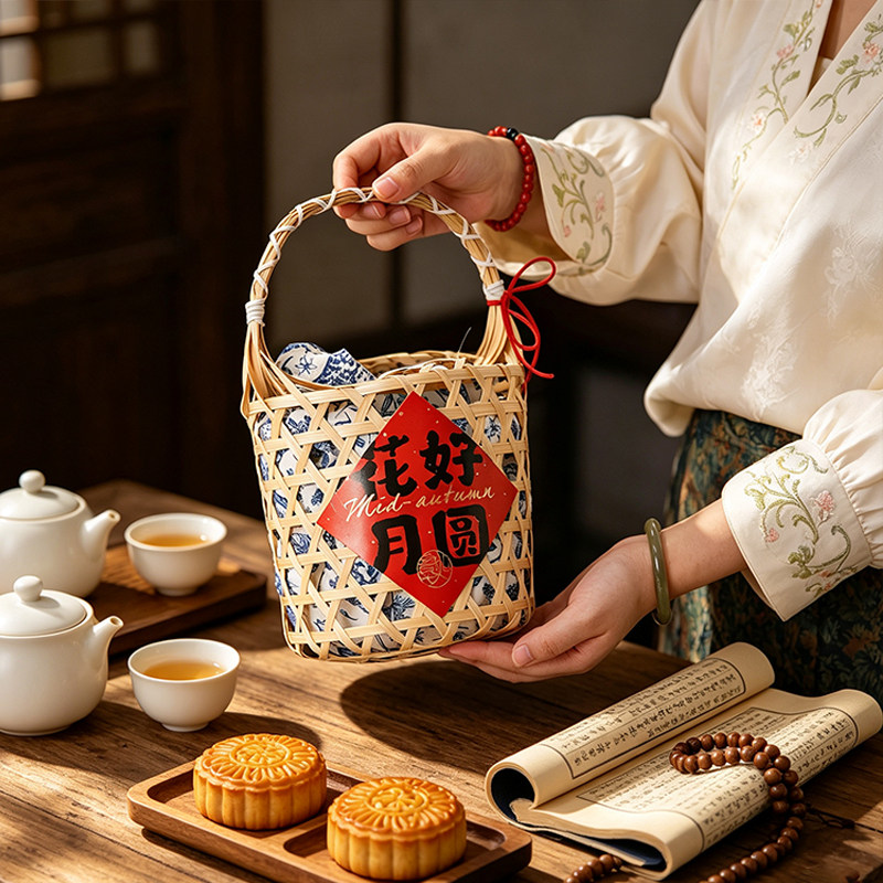 手工竹编礼盒提篮礼品篮藤编中秋月饼伴手礼鸡蛋篮子田园风格创意
