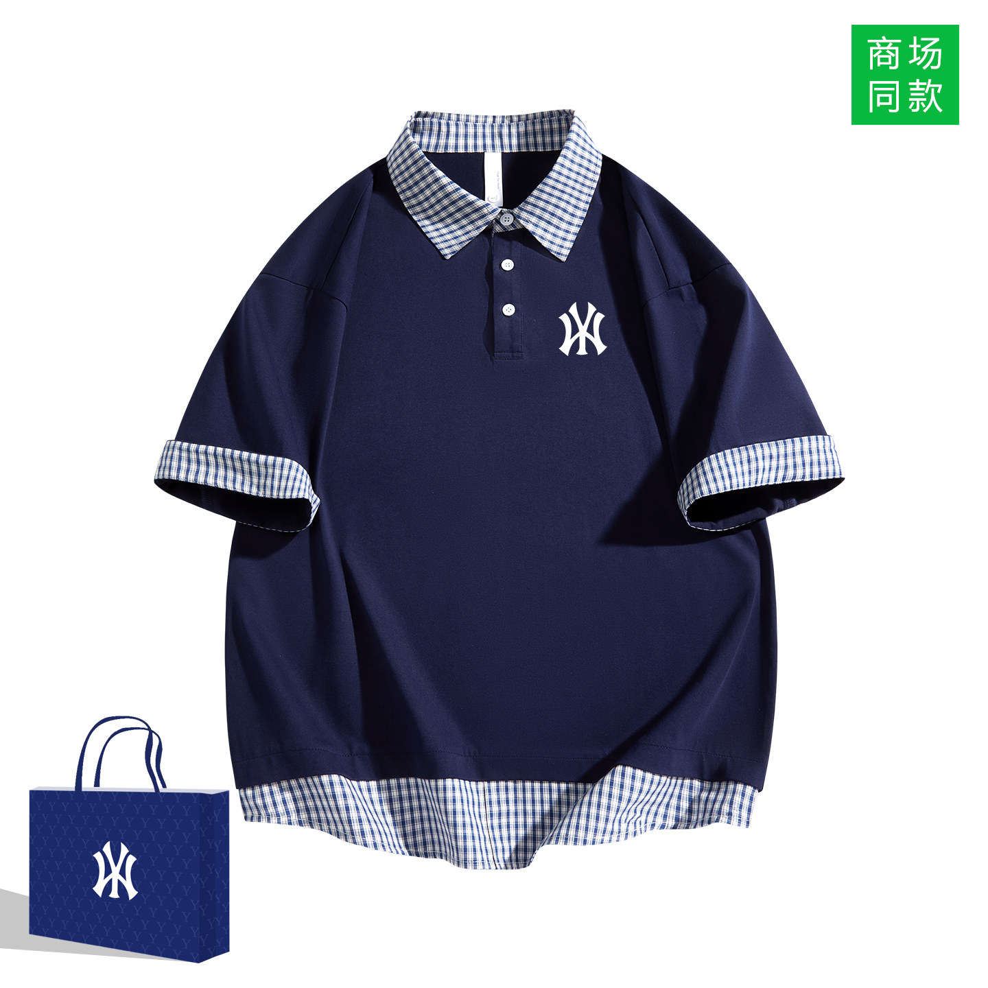 奥莱专柜丨美式潮牌短袖T恤男夏季格子拼接POLO衫宽松百搭假两件