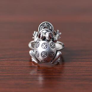 招财蟾蜍戒指镀白金色复古民族风男女金钱币祥瑞开口金蟾指环礼物