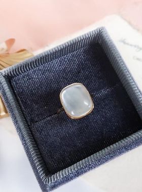 日系风白水晶贝母纯净通透方形双层石小众时尚设计百搭戒指女士款