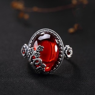 镀S925银石榴红天然黄玉髓复古梅花纯银时尚百搭女戒指送女友