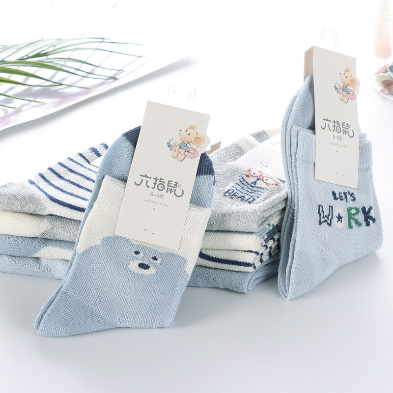 六指鼠春夏薄棉男童袜子纯色中筒袜网眼吸汗透气棉袜女童日系条纹